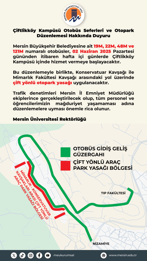 Üniversitemiz Çiftlikköy Kampüsü Otobüs Seferleri ve Otopark Düzenlemesi Hakkında Duyuru detayı için tıklayınız